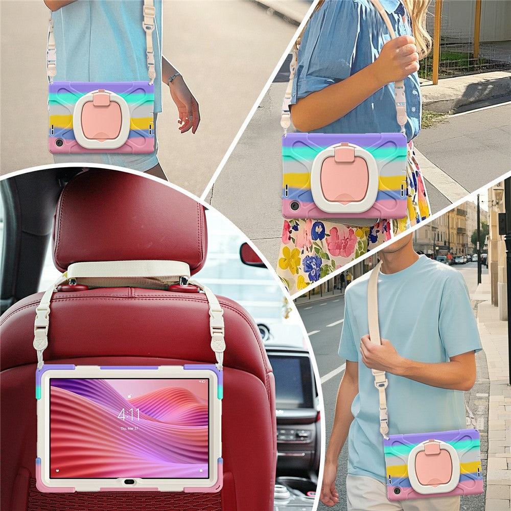For Lenovo Tab 10.1 (2025) TB311XU2 / Zhaoyang K10C Case with Shoulder Strap TPU + PC + Silicone Kickstand Tablet Cover - Colorful Pink
