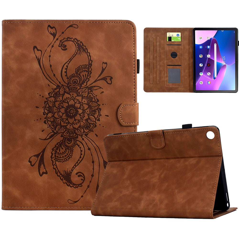For Lenovo Tab M10 Plus (3rd Gen) Case Mandala Imprinted Leather Tablet Cover with Card Slots - Brown
