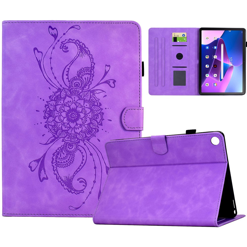 For Lenovo Tab M10 Plus (3rd Gen) Case Mandala Imprinted Leather Tablet Cover with Card Slots - Light Purple