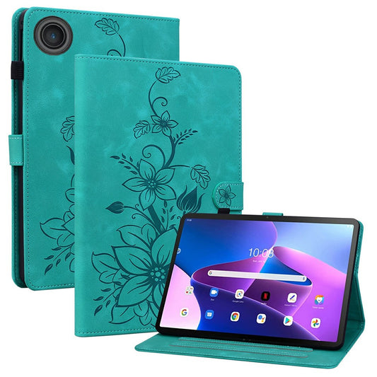 For Lenovo Tab TB311FU Case Lily Flower Imprint Card Slots Leather Tablet Cover - Green