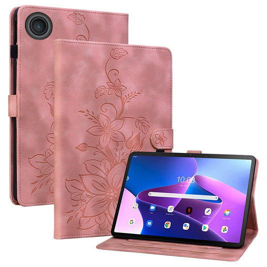 For Lenovo Tab TB311FU Case Lily Flower Imprint Card Slots Leather Tablet Cover - Pink