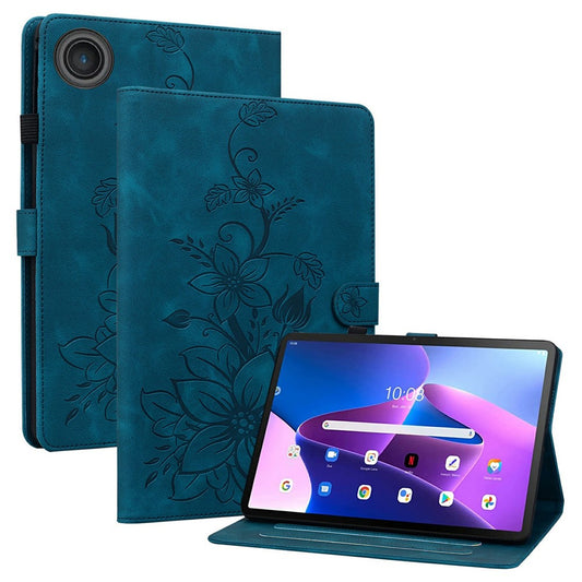 For Lenovo Tab TB311FU Case Lily Flower Imprint Card Slots Leather Tablet Cover - Blue