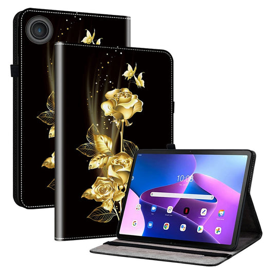 For Lenovo Tab TB311FU Leather Case Pattern Printed Stand Tablet Cover with Card Slots - Gold Butterfly Rose