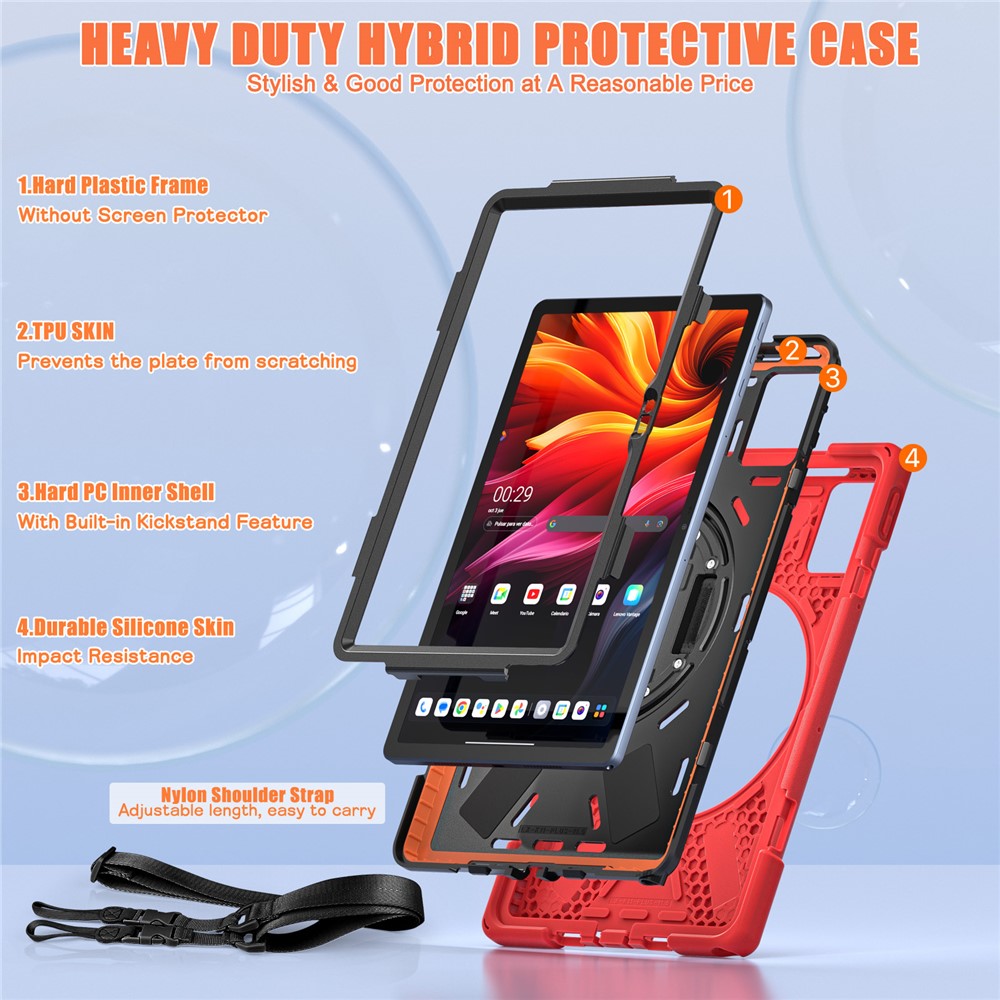 For Lenovo Tab K11 Plus / Zhaoyang K11 B352FU, TB230XC Kickstand Case TPU PC Silicone Tablet Cover with Shoulder Strap - Red