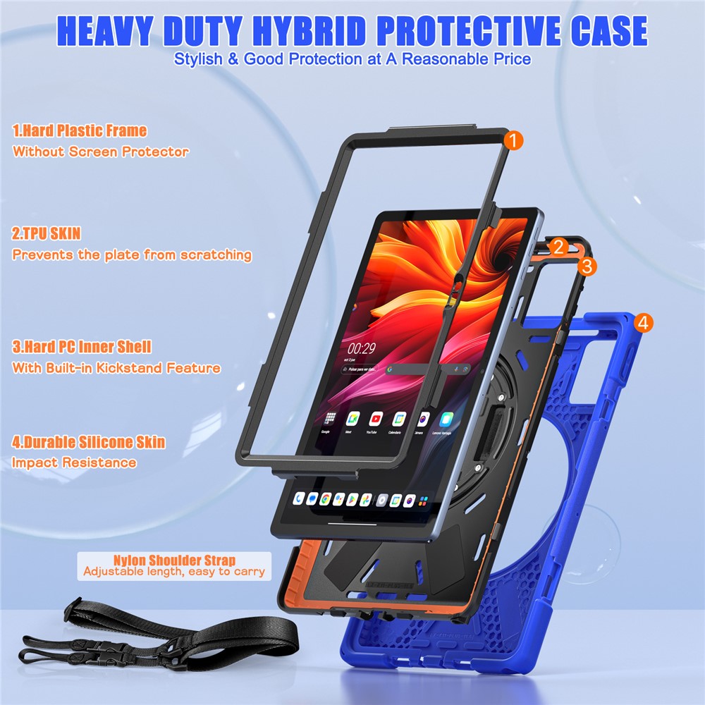 For Lenovo Tab K11 Plus / Zhaoyang K11 B352FU, TB230XC Kickstand Case TPU PC Silicone Tablet Cover with Shoulder Strap - Blue