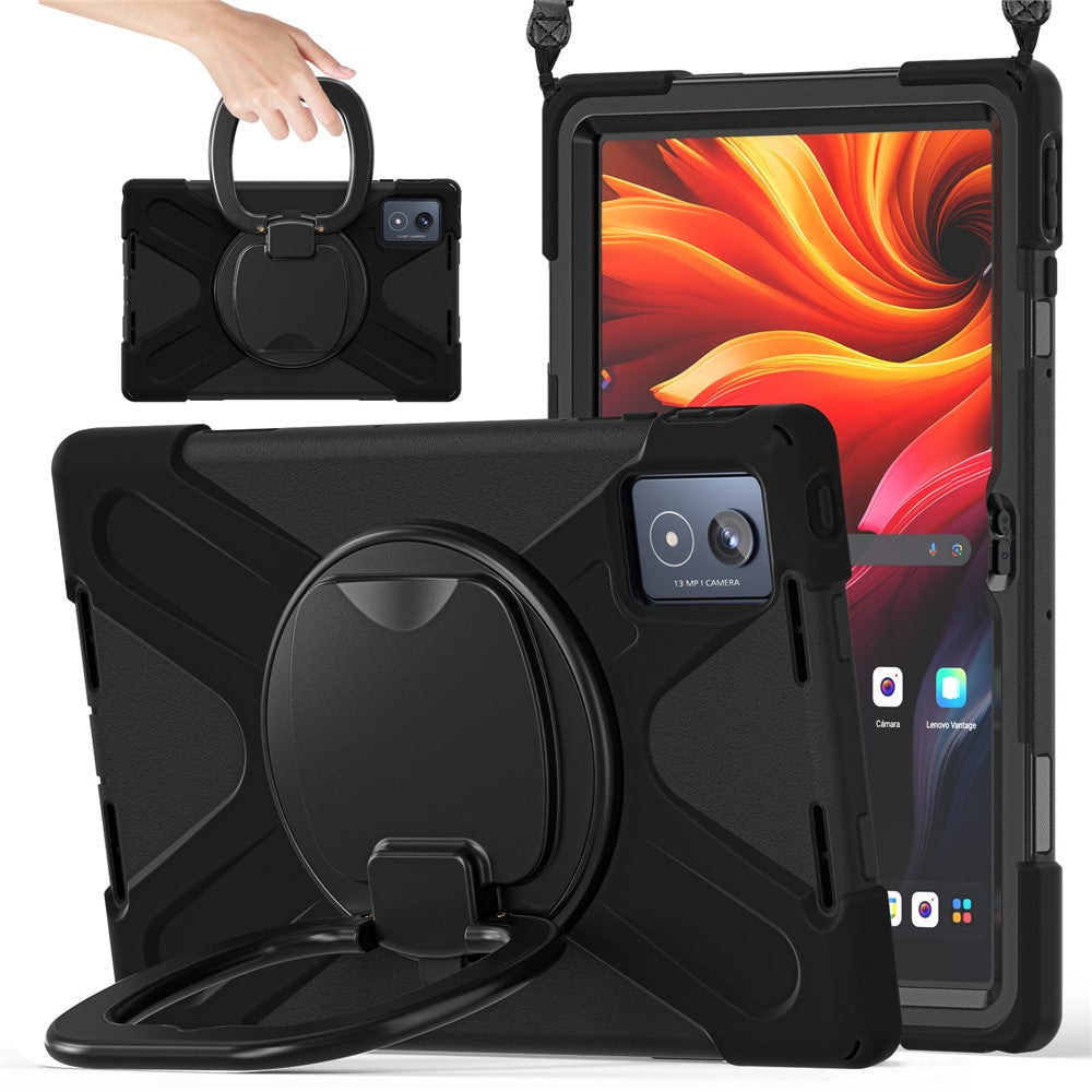 For Lenovo Tab K11 Plus / Zhaoyang K11 B352FU, TB230XC Case with Shoulder Strap TPU + PC + Silicone Kickstand Tablet Cover - Black