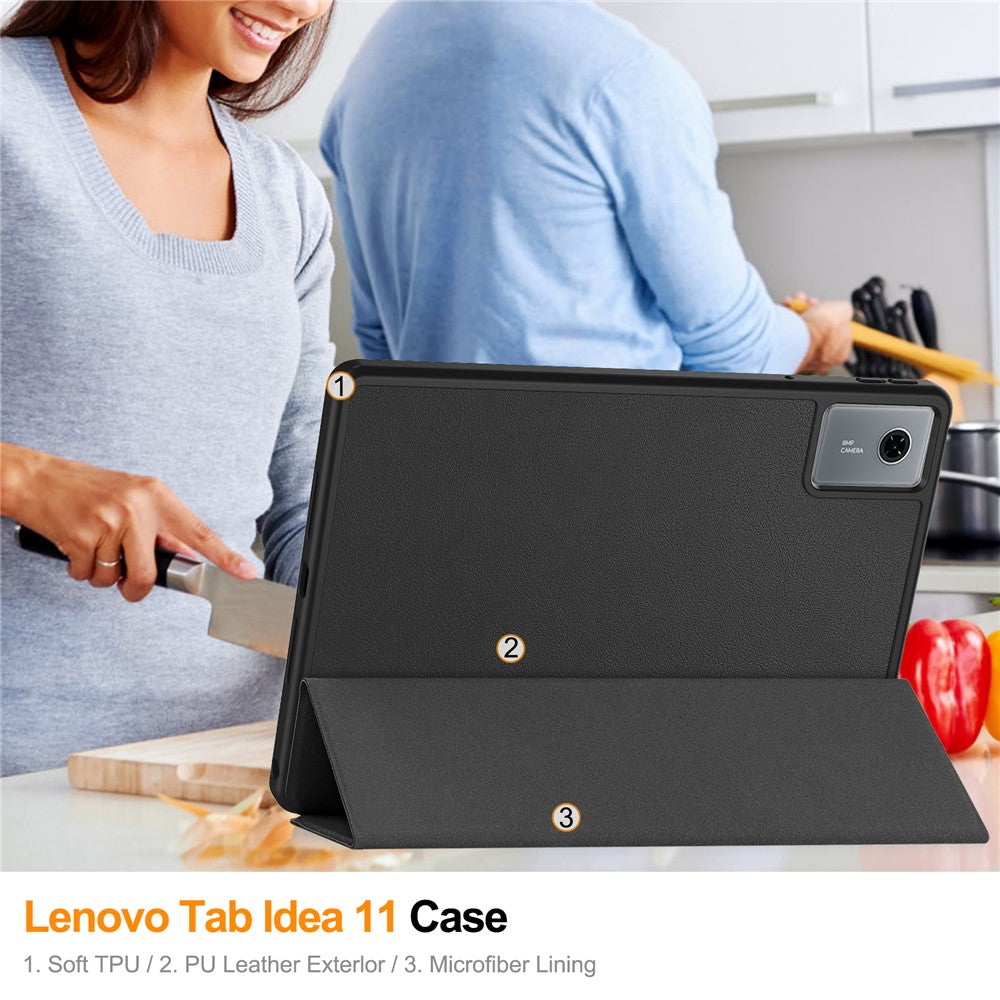 For Lenovo Idea Tab (TB336ZU  /  TB336FU)  /  Xiaoxin Pad 11 2025 Stand Case Shock-Absorbent Leather Tablet Cover with Pen Slot - Black