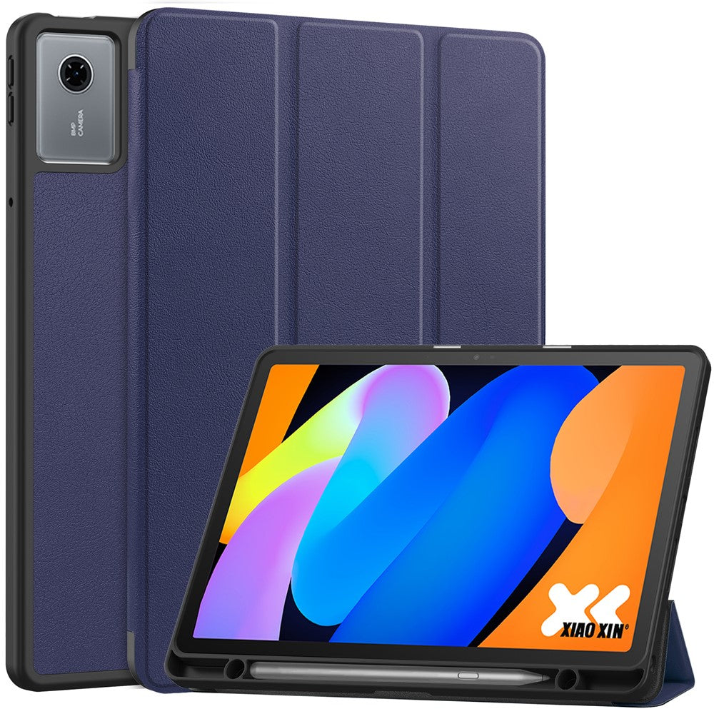 For Lenovo Idea Tab (TB336ZU  /  TB336FU)  /  Xiaoxin Pad 11 2025 Stand Case Shock-Absorbent Leather Tablet Cover with Pen Slot - Dark Blue