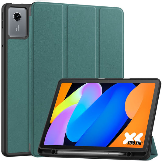 For Lenovo Idea Tab (TB336ZU  /  TB336FU)  /  Xiaoxin Pad 11 2025 Stand Case Shock-Absorbent Leather Tablet Cover with Pen Slot - Blackish Green