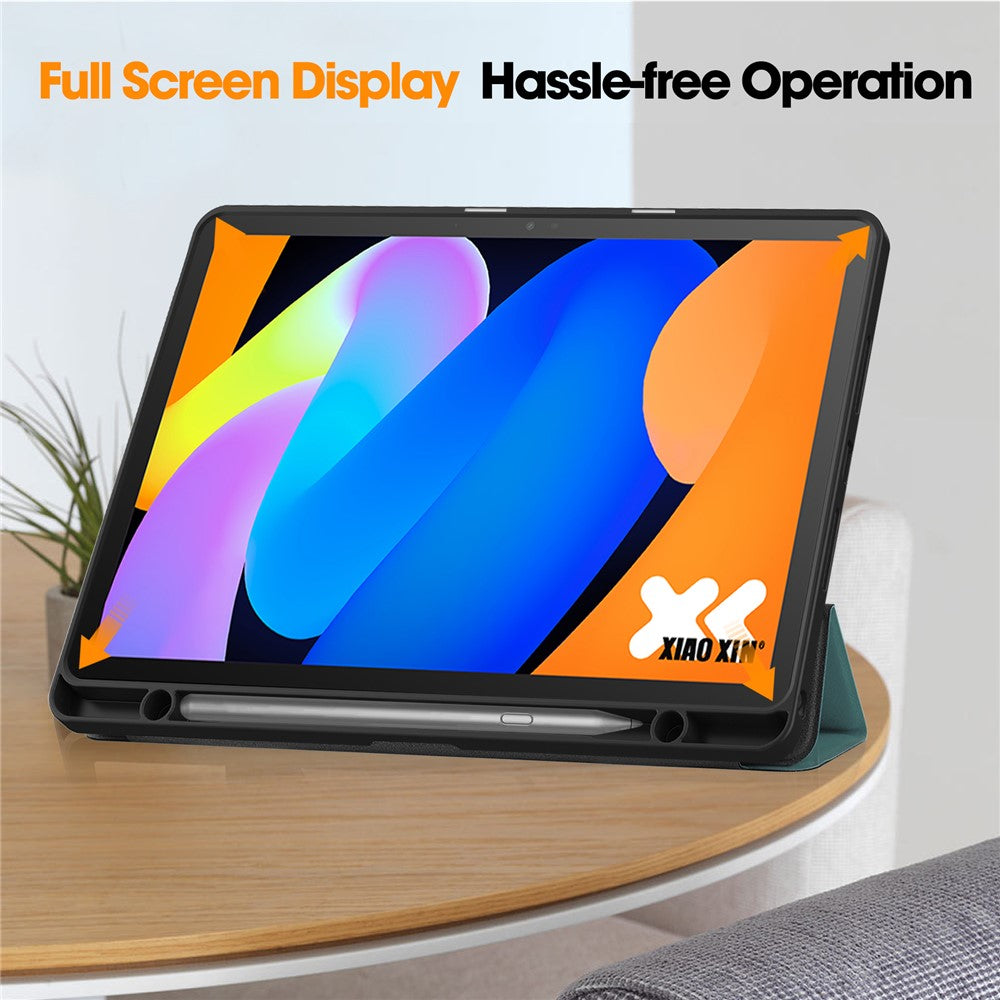 For Lenovo Idea Tab (TB336ZU  /  TB336FU)  /  Xiaoxin Pad 11 2025 Stand Case Shock-Absorbent Leather Tablet Cover with Pen Slot - Blackish Green