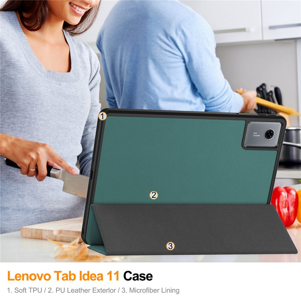 For Lenovo Idea Tab (TB336ZU  /  TB336FU)  /  Xiaoxin Pad 11 2025 Stand Case Shock-Absorbent Leather Tablet Cover with Pen Slot - Blackish Green