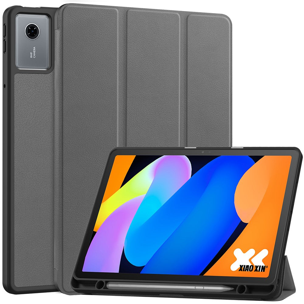For Lenovo Idea Tab (TB336ZU  /  TB336FU)  /  Xiaoxin Pad 11 2025 Stand Case Shock-Absorbent Leather Tablet Cover with Pen Slot - Grey