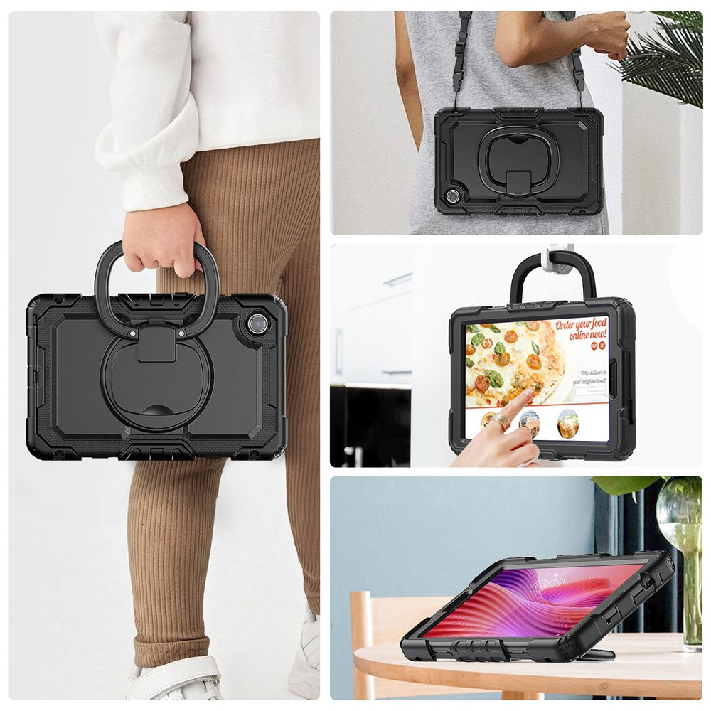 For Lenovo Tab K9 TB305FU Kickstand Case PC + Silicone Tablet Cover with Shoulder Strap - Black
