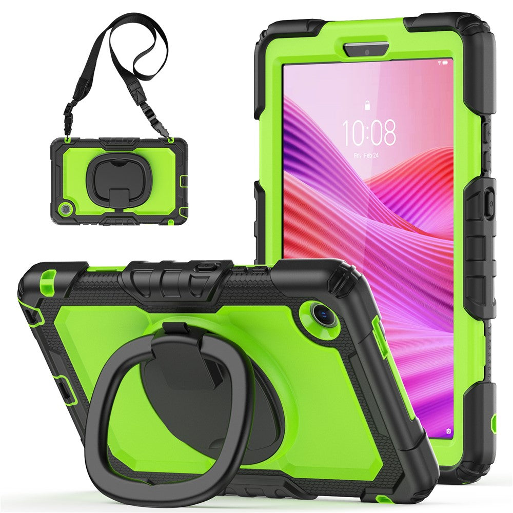 For Lenovo Tab K9 TB305FU Kickstand Case PC + Silicone Tablet Cover with Shoulder Strap - Black / Yellowgreen