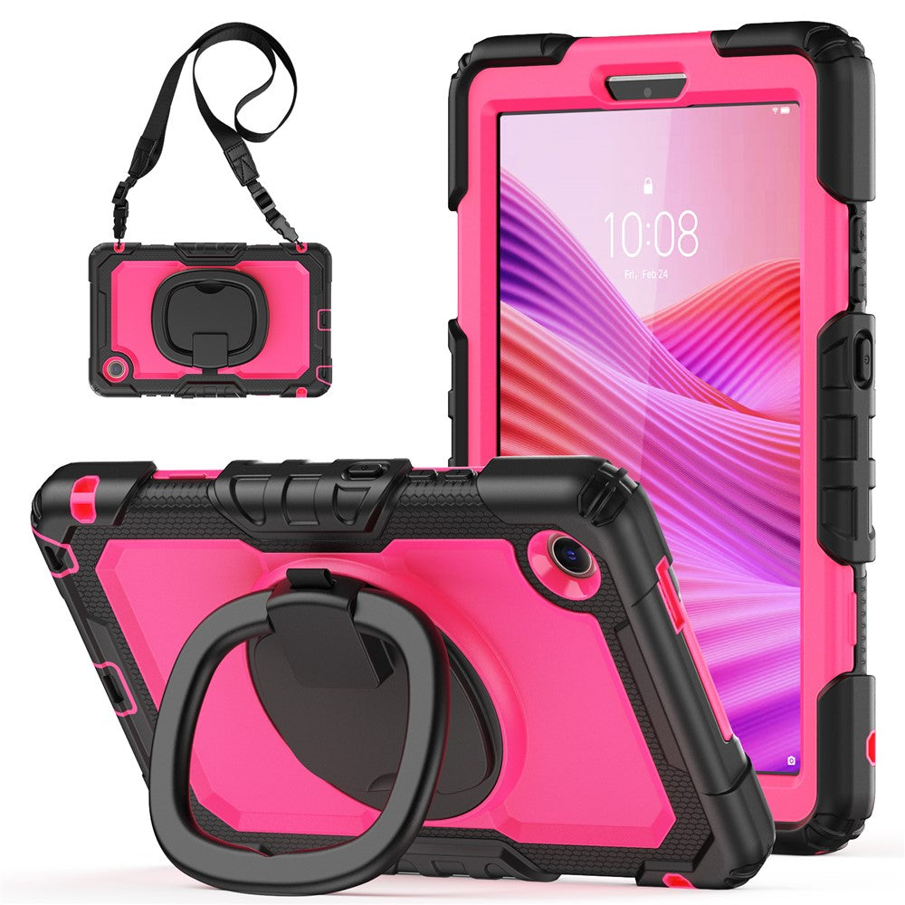 For Lenovo Tab K9 TB305FU Kickstand Case PC + Silicone Tablet Cover with Shoulder Strap - Black / Rose
