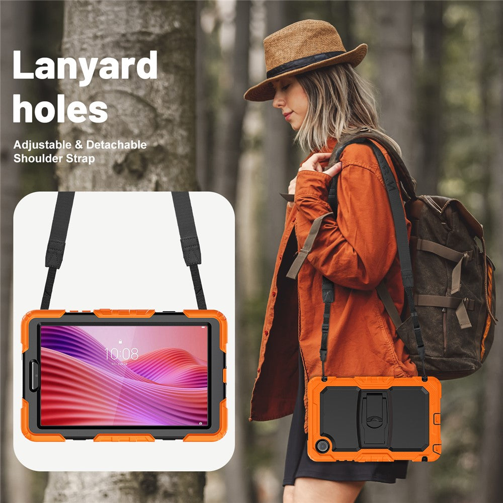 For Lenovo Tab K9 TB305FU Case with Shoulder Strap Kickstand PC + Silicone Shockproof Tablet Cover - Orange