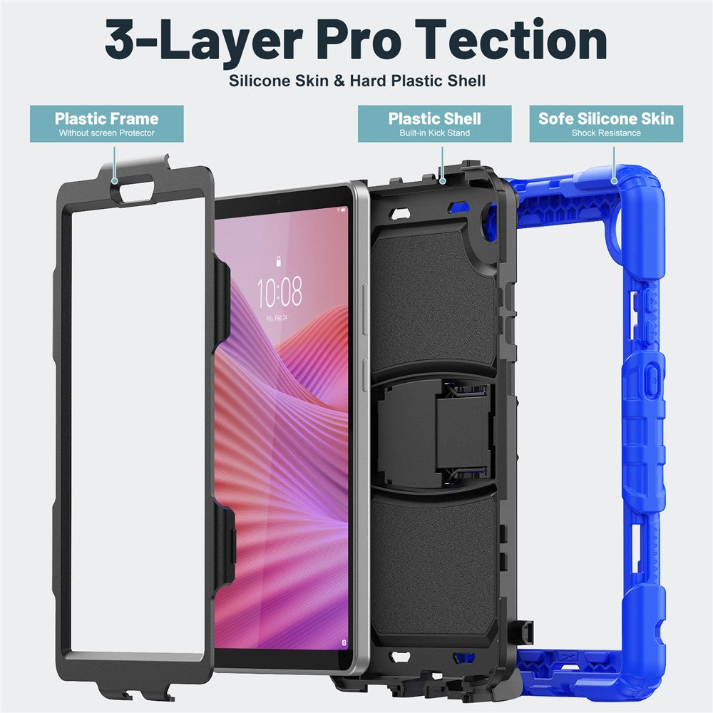 For Lenovo Tab K9 TB305FU Case with Shoulder Strap Kickstand PC + Silicone Shockproof Tablet Cover - Dark Blue