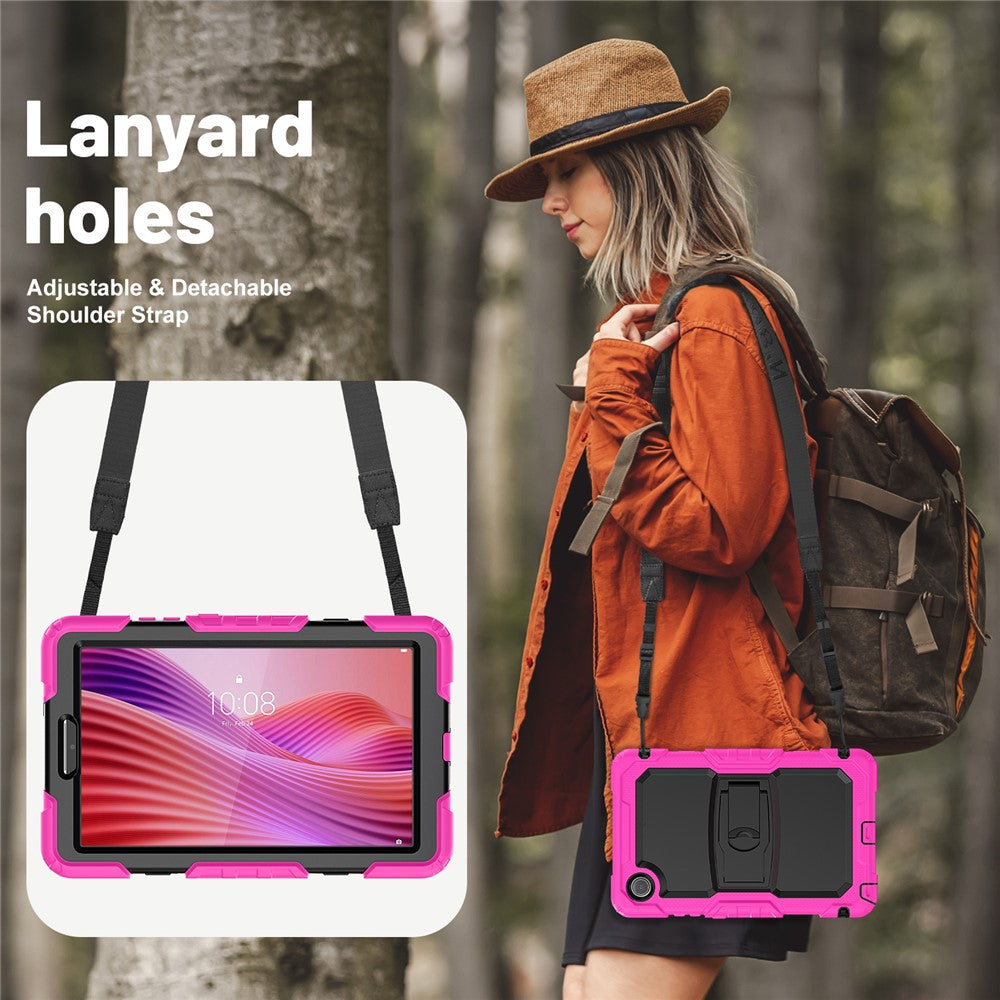 For Lenovo Tab K9 TB305FU Case with Shoulder Strap Kickstand PC + Silicone Shockproof Tablet Cover - Rose