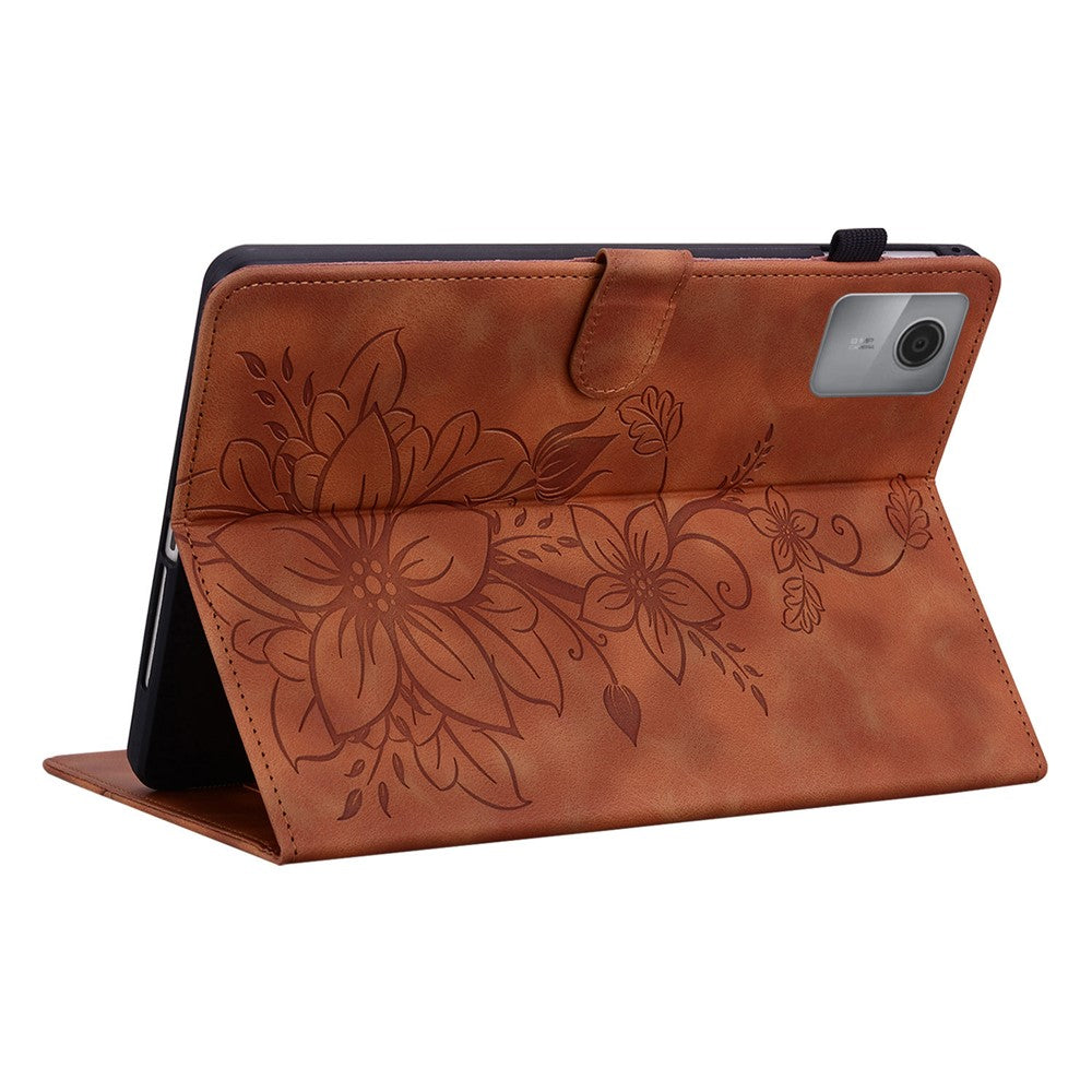 For Lenovo Idea Tab (TB336ZU  /  TB336FU)  /  Xiaoxin Pad 11 2025 Case Lily Flower Imprint Card Slots Leather Tablet Cover - Brown