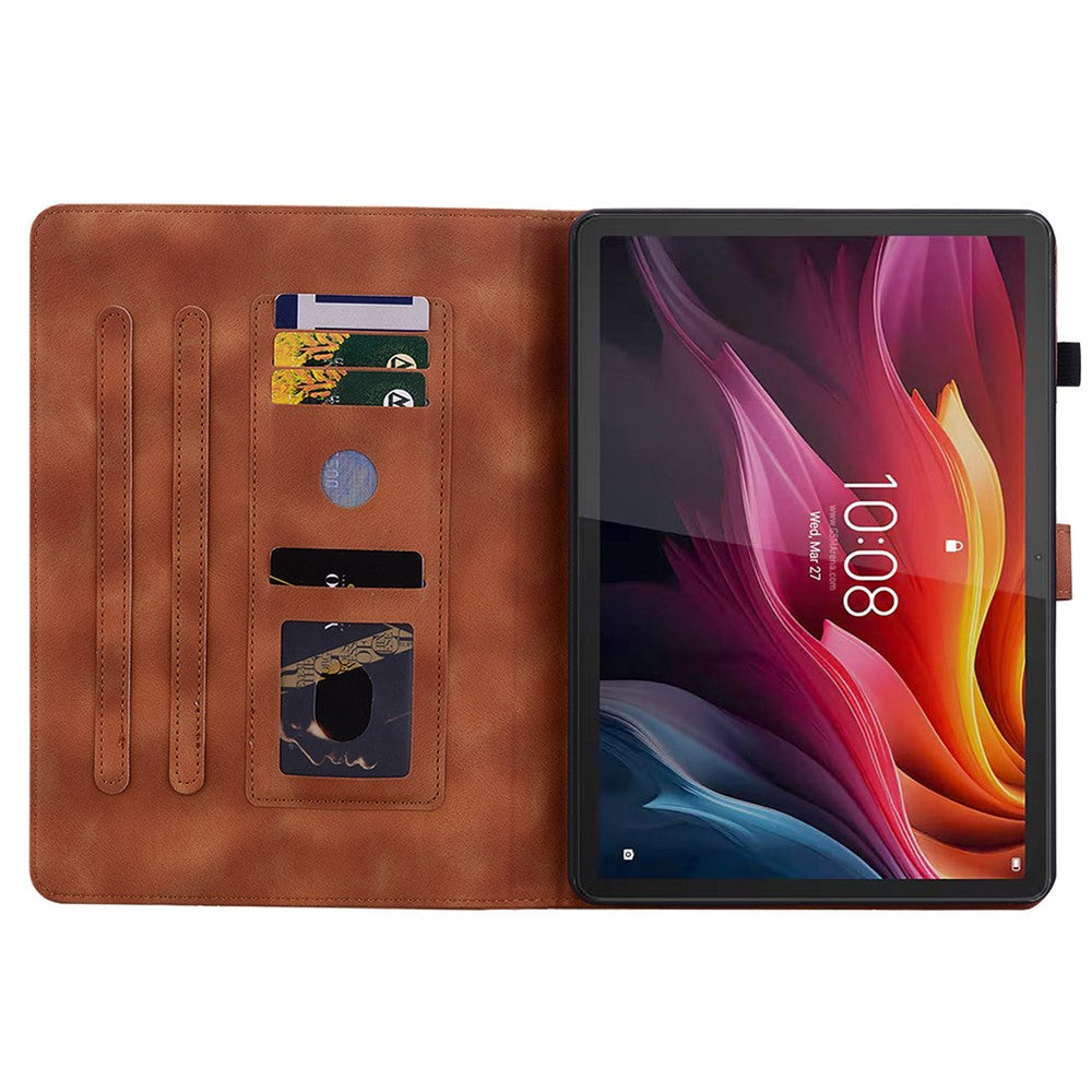 For Lenovo Idea Tab (TB336ZU  /  TB336FU)  /  Xiaoxin Pad 11 2025 Case Lily Flower Imprint Card Slots Leather Tablet Cover - Brown