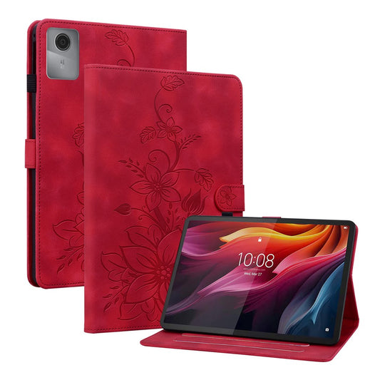 For Lenovo Idea Tab (TB336ZU  /  TB336FU)  /  Xiaoxin Pad 11 2025 Case Lily Flower Imprint Card Slots Leather Tablet Cover - Red