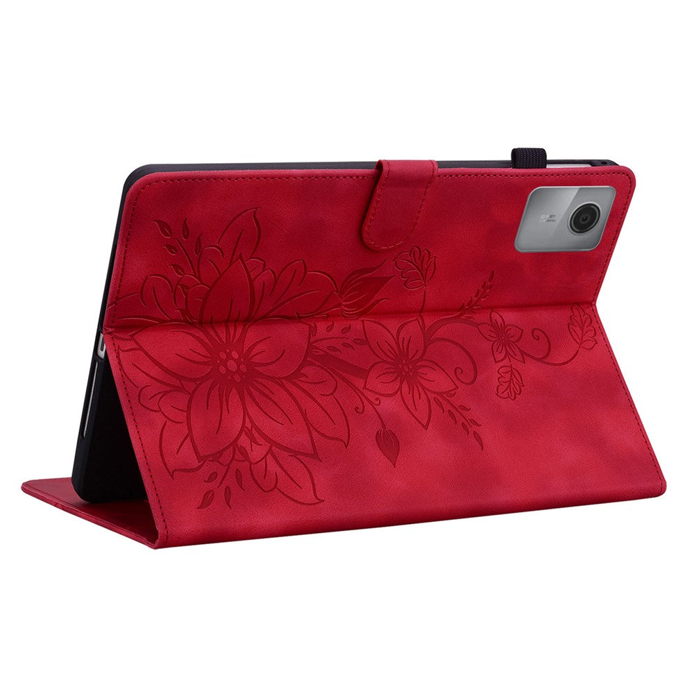 For Lenovo Idea Tab (TB336ZU  /  TB336FU)  /  Xiaoxin Pad 11 2025 Case Lily Flower Imprint Card Slots Leather Tablet Cover - Red