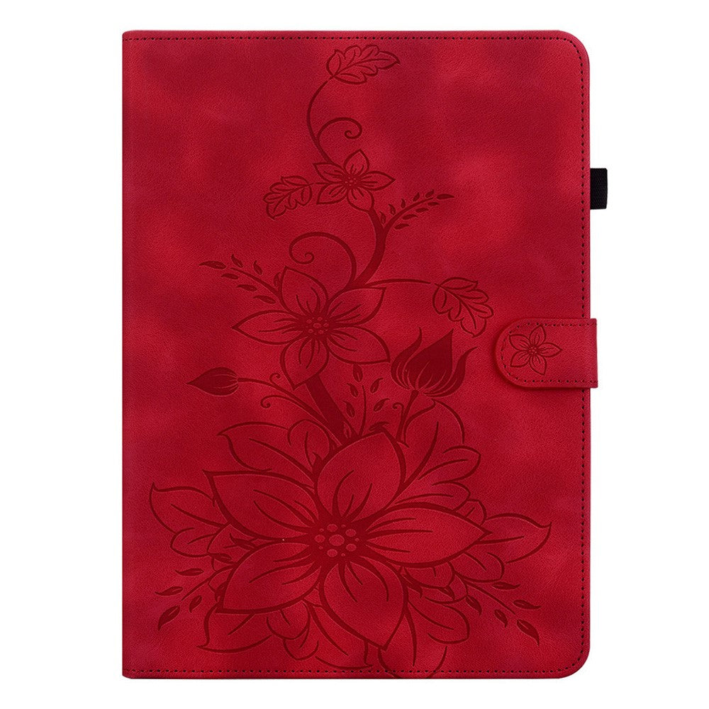 For Lenovo Idea Tab (TB336ZU  /  TB336FU)  /  Xiaoxin Pad 11 2025 Case Lily Flower Imprint Card Slots Leather Tablet Cover - Red