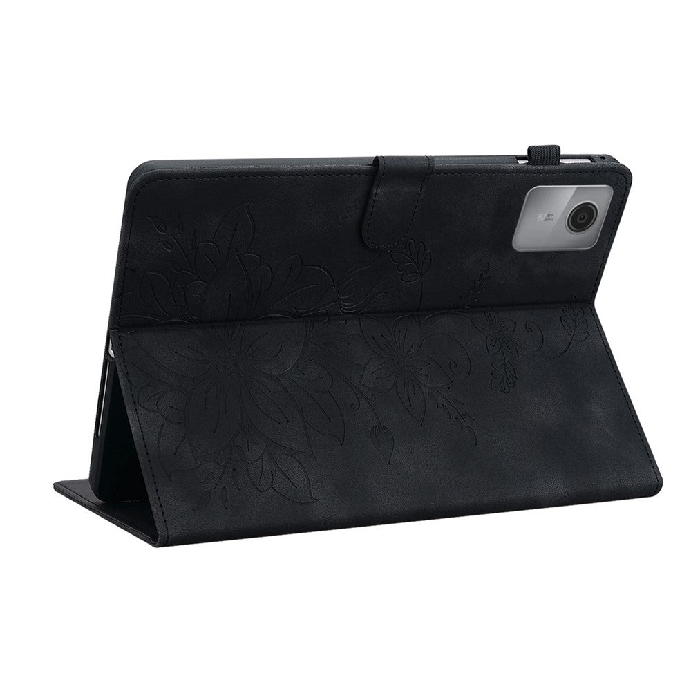 For Lenovo Idea Tab (TB336ZU  /  TB336FU)  /  Xiaoxin Pad 11 2025 Case Lily Flower Imprint Card Slots Leather Tablet Cover - Black