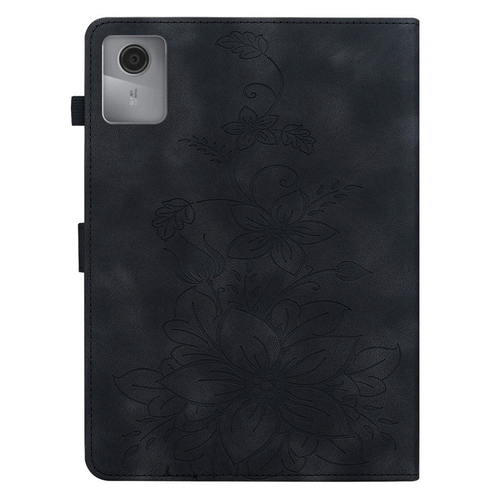 For Lenovo Idea Tab (TB336ZU  /  TB336FU)  /  Xiaoxin Pad 11 2025 Case Lily Flower Imprint Card Slots Leather Tablet Cover - Black