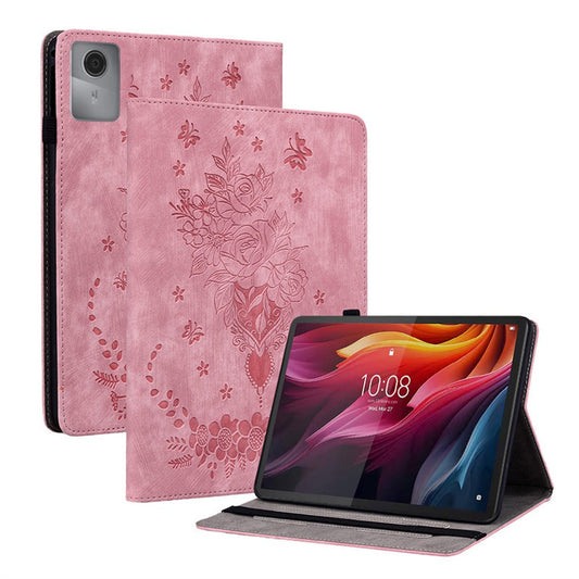 For Lenovo Idea Tab (TB336ZU / TB336FU)  /  Xiaoxin Pad 11 2025 Case Card Holder Anti-Scratch Leather Cover Rose Flower Imprint - Pink