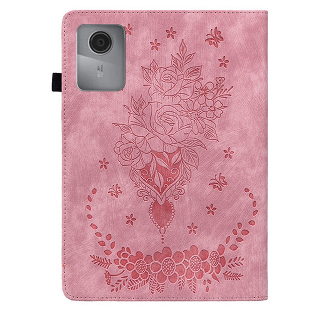 For Lenovo Idea Tab (TB336ZU / TB336FU)  /  Xiaoxin Pad 11 2025 Case Card Holder Anti-Scratch Leather Cover Rose Flower Imprint - Pink
