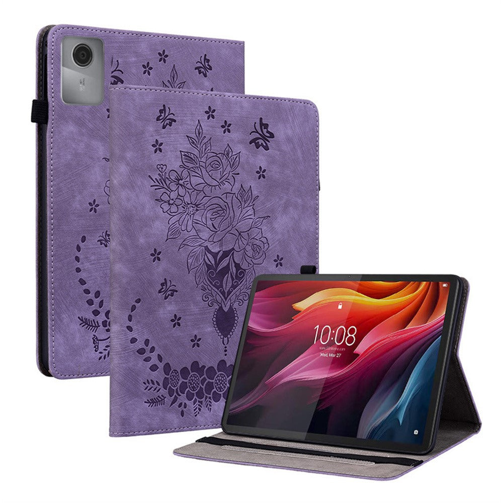 For Lenovo Idea Tab (TB336ZU / TB336FU)  /  Xiaoxin Pad 11 2025 Case Card Holder Anti-Scratch Leather Cover Rose Flower Imprint - Purple