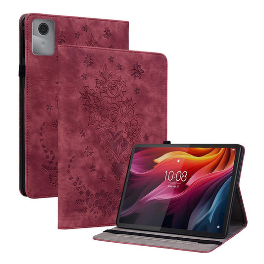 For Lenovo Idea Tab (TB336ZU / TB336FU)  /  Xiaoxin Pad 11 2025 Case Card Holder Anti-Scratch Leather Cover Rose Flower Imprint - Red