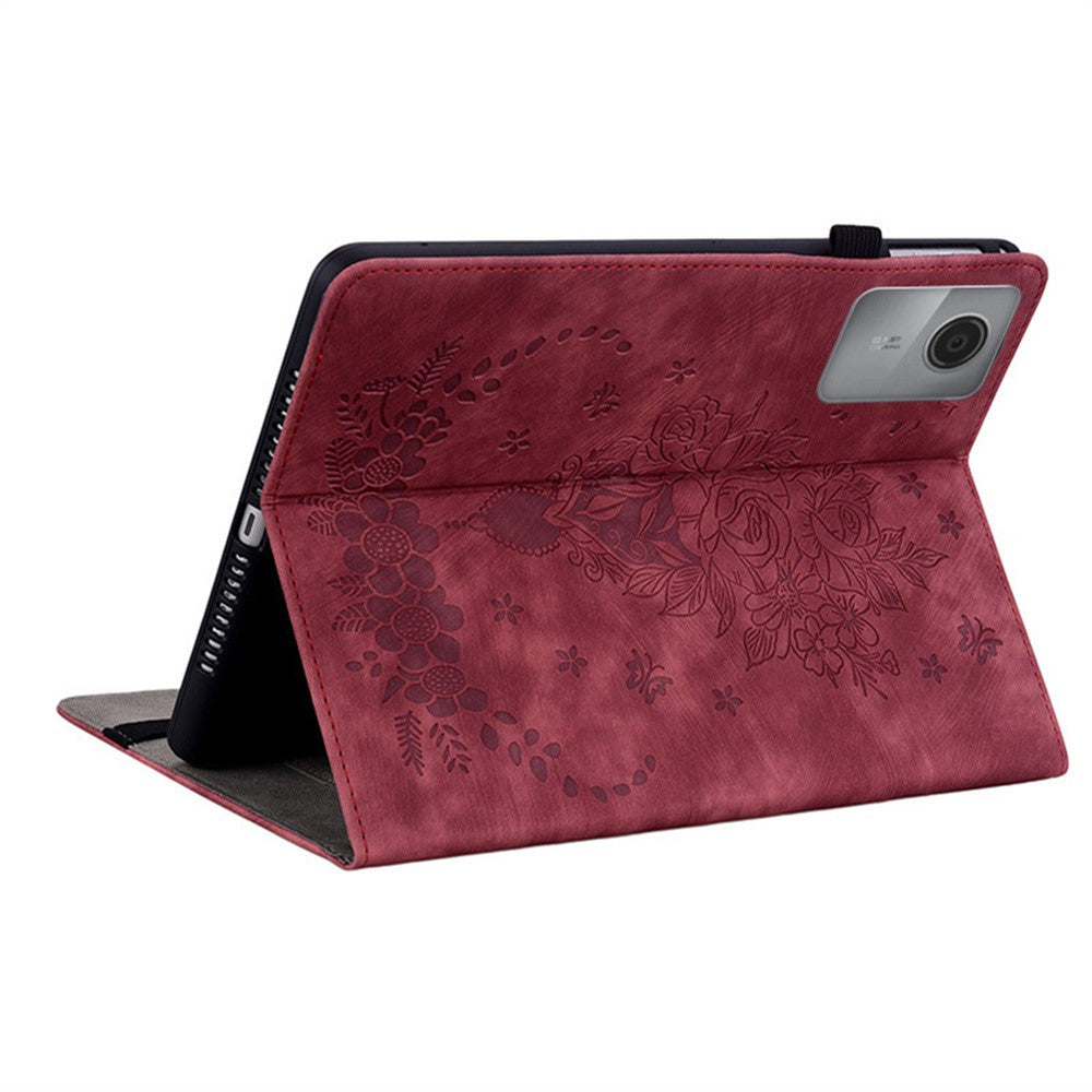 For Lenovo Idea Tab (TB336ZU / TB336FU)  /  Xiaoxin Pad 11 2025 Case Card Holder Anti-Scratch Leather Cover Rose Flower Imprint - Red