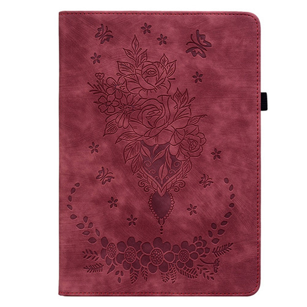 For Lenovo Idea Tab (TB336ZU / TB336FU)  /  Xiaoxin Pad 11 2025 Case Card Holder Anti-Scratch Leather Cover Rose Flower Imprint - Red