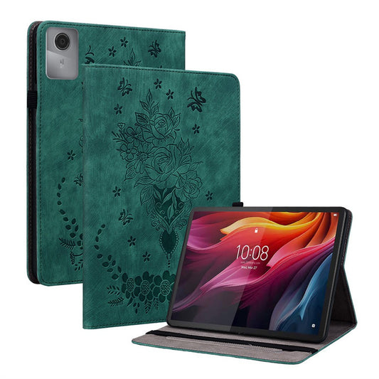 For Lenovo Idea Tab (TB336ZU / TB336FU)  /  Xiaoxin Pad 11 2025 Case Card Holder Anti-Scratch Leather Cover Rose Flower Imprint - Green