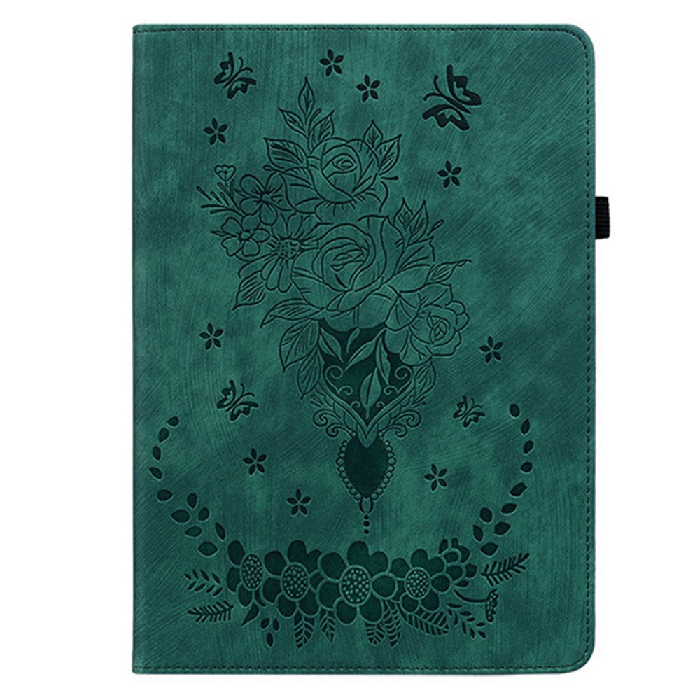 For Lenovo Idea Tab (TB336ZU / TB336FU)  /  Xiaoxin Pad 11 2025 Case Card Holder Anti-Scratch Leather Cover Rose Flower Imprint - Green