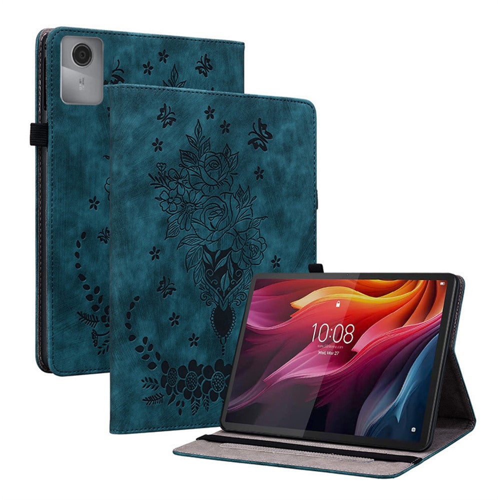 For Lenovo Idea Tab (TB336ZU / TB336FU)  /  Xiaoxin Pad 11 2025 Case Card Holder Anti-Scratch Leather Cover Rose Flower Imprint - Blue