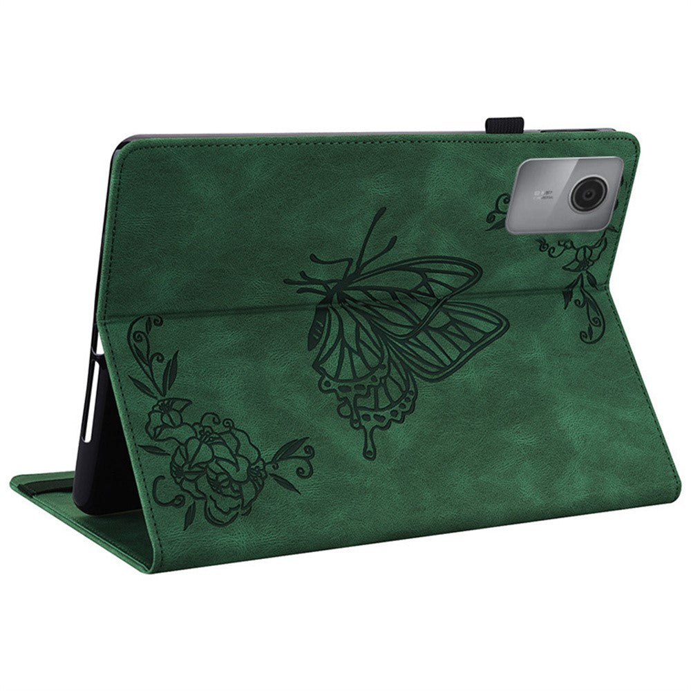 For Lenovo Idea Tab (TB336ZU / TB336FU)  /  Xiaoxin Pad 11 2025 Case Butterfly Flower Imprint PU Leather Tablet Cover with Card Slots - Green
