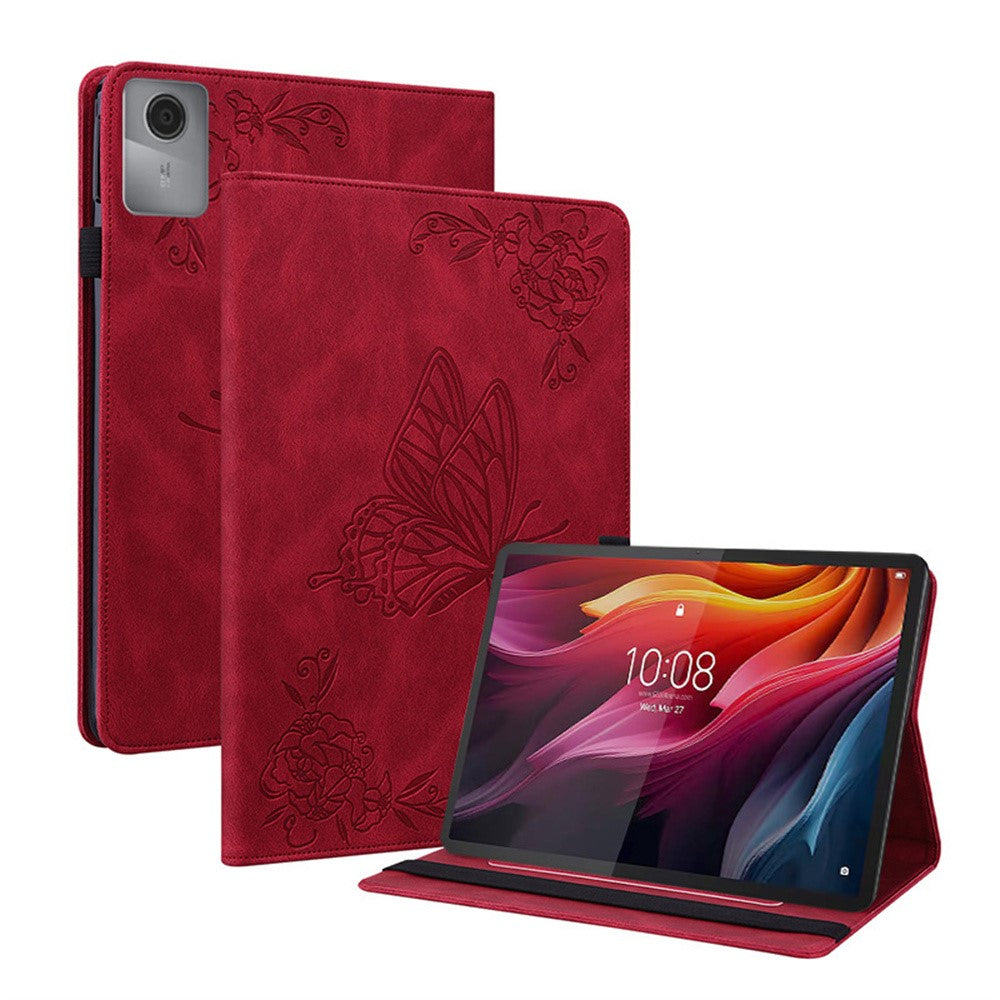 For Lenovo Idea Tab (TB336ZU / TB336FU)  /  Xiaoxin Pad 11 2025 Case Butterfly Flower Imprint PU Leather Tablet Cover with Card Slots - Red