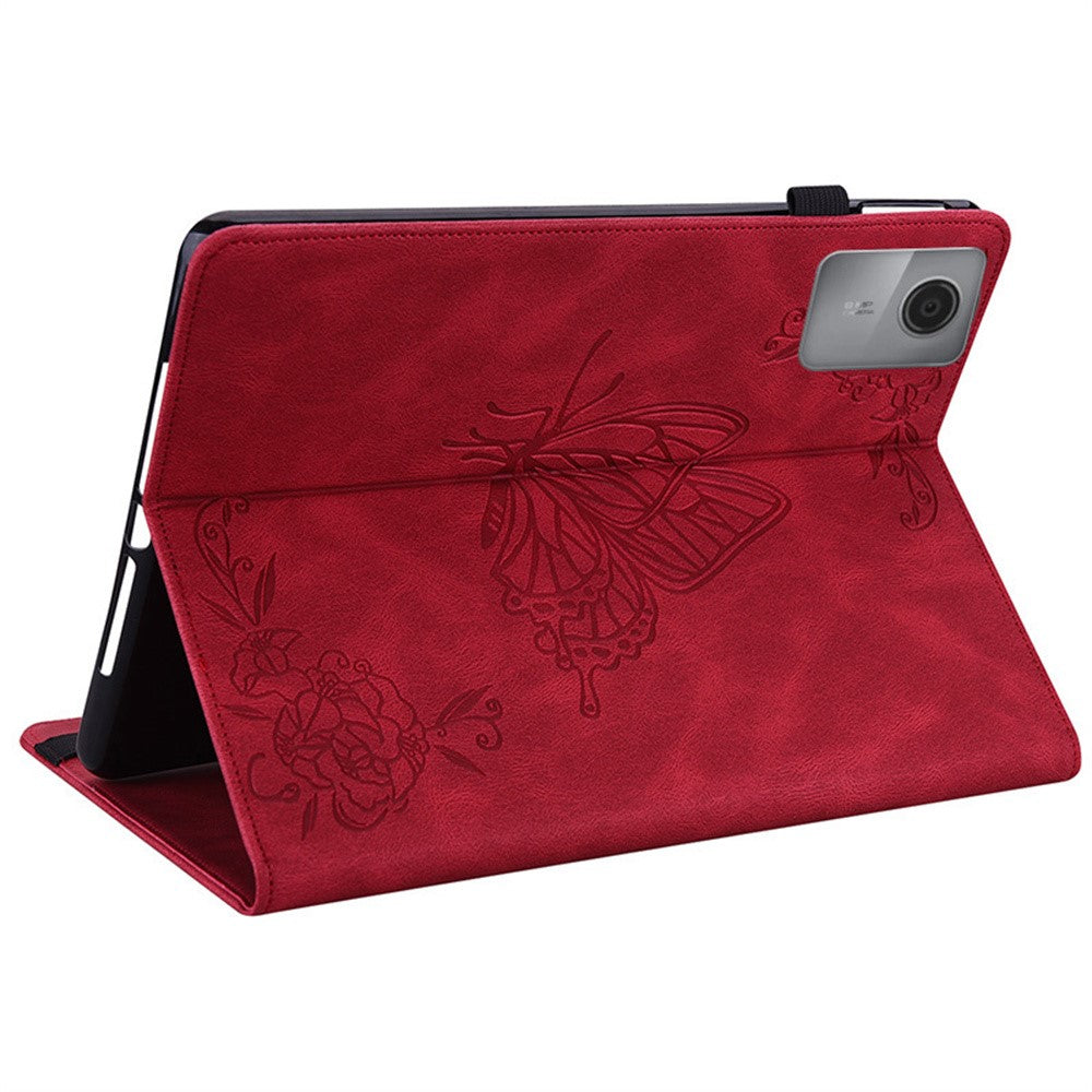 For Lenovo Idea Tab (TB336ZU / TB336FU)  /  Xiaoxin Pad 11 2025 Case Butterfly Flower Imprint PU Leather Tablet Cover with Card Slots - Red