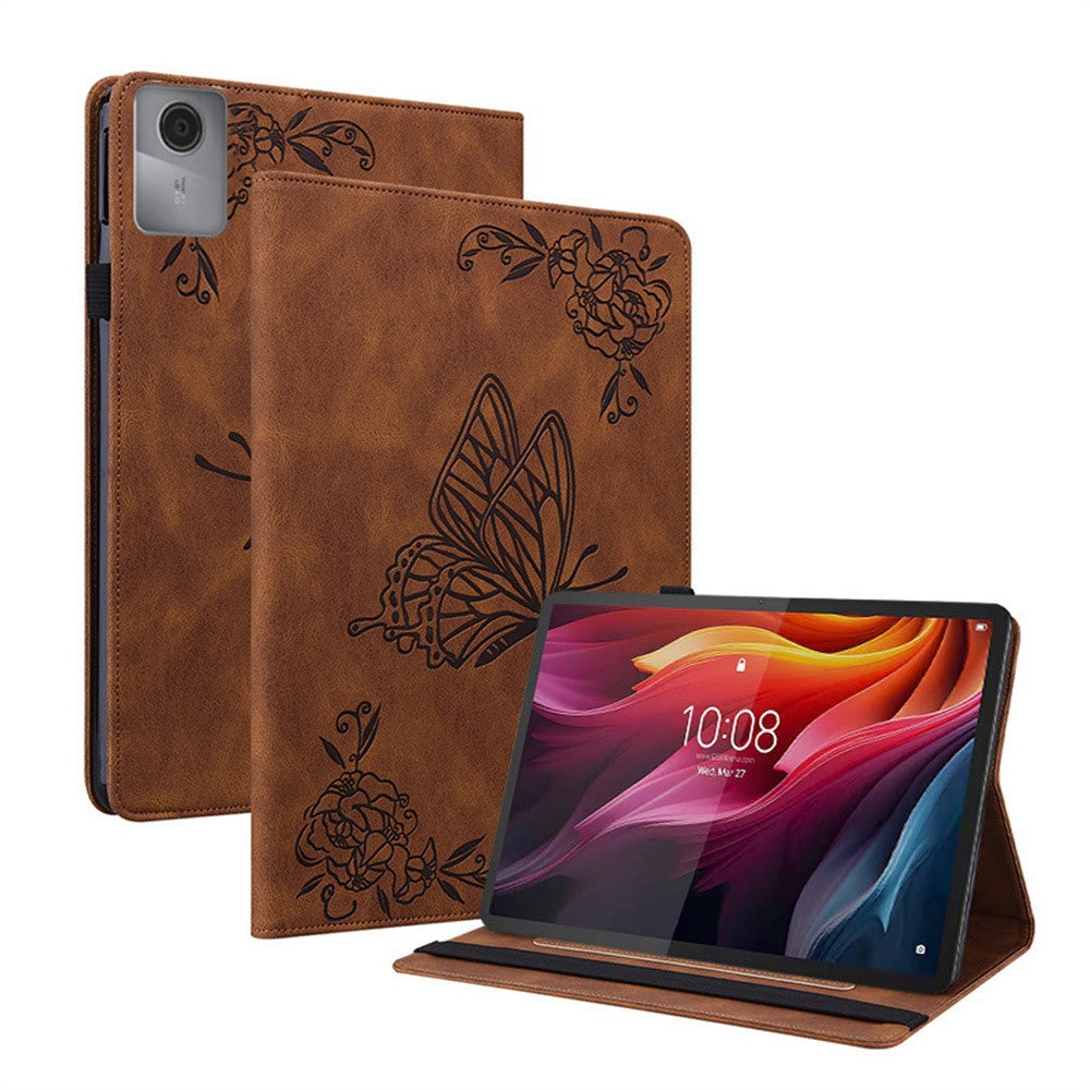 For Lenovo Idea Tab (TB336ZU / TB336FU)  /  Xiaoxin Pad 11 2025 Case Butterfly Flower Imprint PU Leather Tablet Cover with Card Slots - Brown