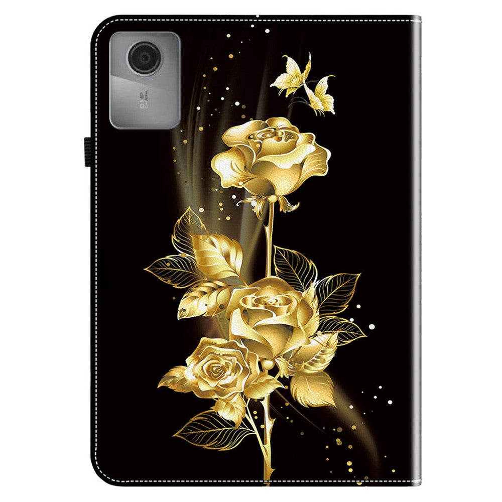 For Lenovo Idea Tab (TB336ZU / TB336FU)  /  Xiaoxin Pad 11 2025 Leather Case Pattern Printed Stand Tablet Cover with Card Slots - Gold Butterfly Rose