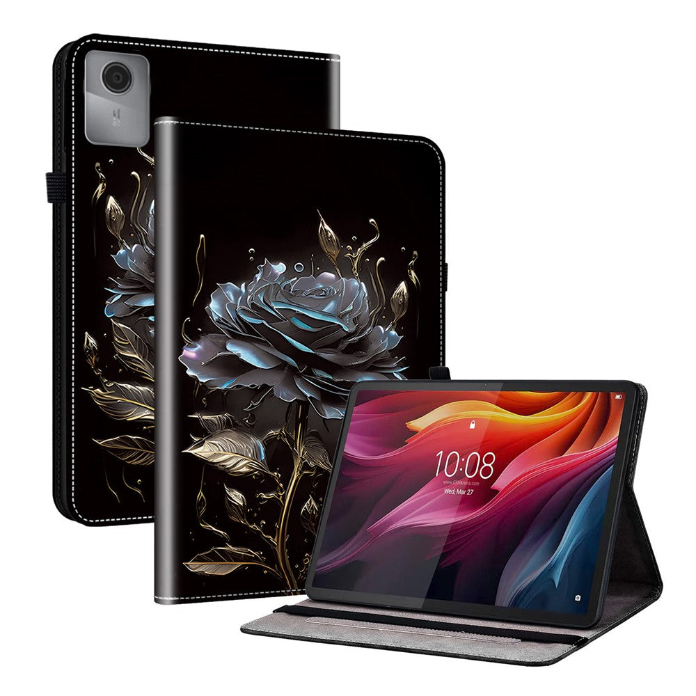 For Lenovo Idea Tab (TB336ZU / TB336FU)  /  Xiaoxin Pad 11 2025 Leather Case Pattern Printed Stand Tablet Cover with Card Slots - Black Rose