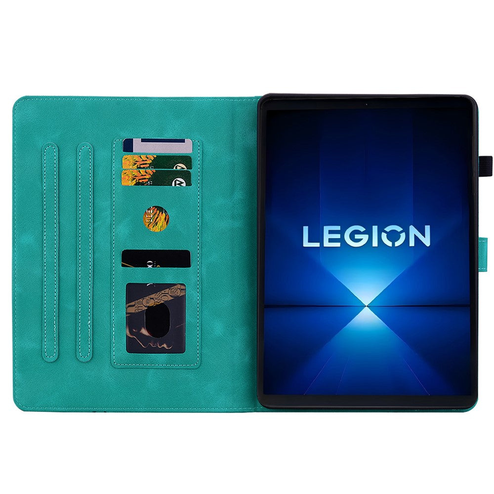 For Lenovo Legion Y700 Gen 4 Case Lily Flower Imprint Card Slots Leather Tablet Cover - Green