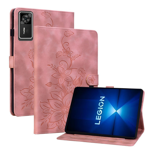 For Lenovo Legion Y700 Gen 4 Case Lily Flower Imprint Card Slots Leather Tablet Cover - Pink
