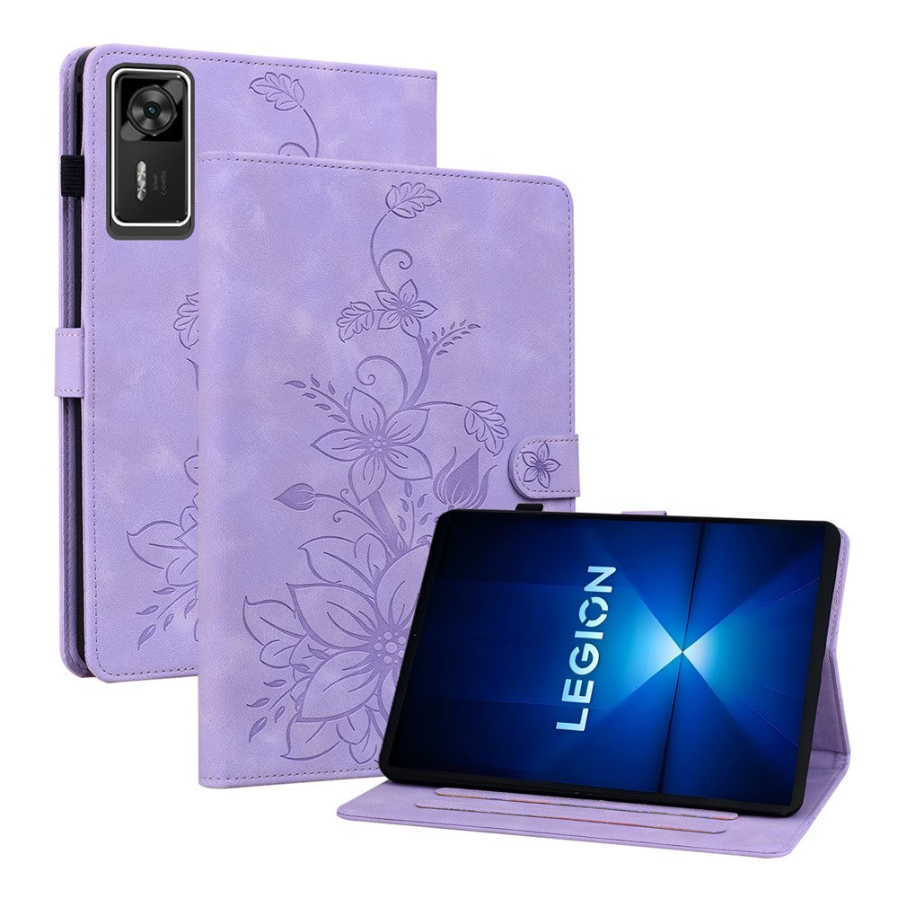 For Lenovo Legion Y700 Gen 4 Case Lily Flower Imprint Card Slots Leather Tablet Cover - Purple