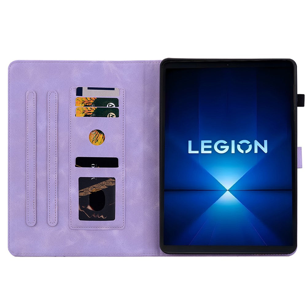 For Lenovo Legion Y700 Gen 4 Case Lily Flower Imprint Card Slots Leather Tablet Cover - Purple