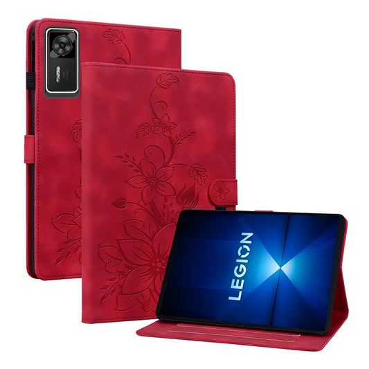 For Lenovo Legion Y700 Gen 4 Case Lily Flower Imprint Card Slots Leather Tablet Cover - Red