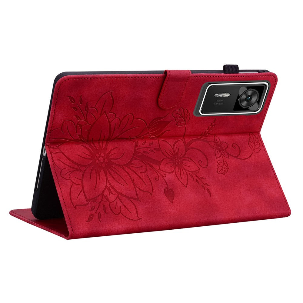 For Lenovo Legion Y700 Gen 4 Case Lily Flower Imprint Card Slots Leather Tablet Cover - Red